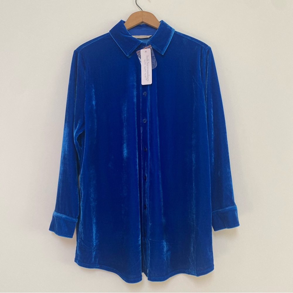 Soft Surroundings NWT Velvet Button Down Shirt Royal Blue LP